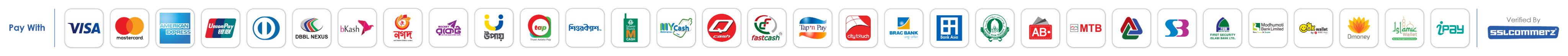 Accepted payment methods: Visa, Mastercard, American Express, bKash, Nagad, and other cards. Verified by SSLCOMMERZ.