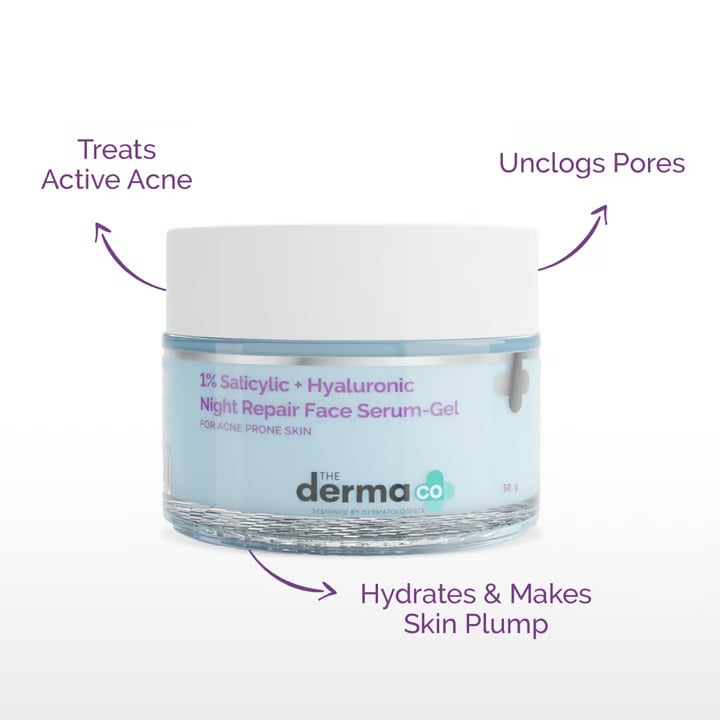 The Derma Co. 1% Salicylic And Hyaluronic Night Repair Face Serum Gel | For Acne Prone Skin, 50 g 3 The Derma Co. 1% Salicylic And Hyaluronic Night Repair Face Serum Gel | For Acne Prone Skin, 50 g - Image 3