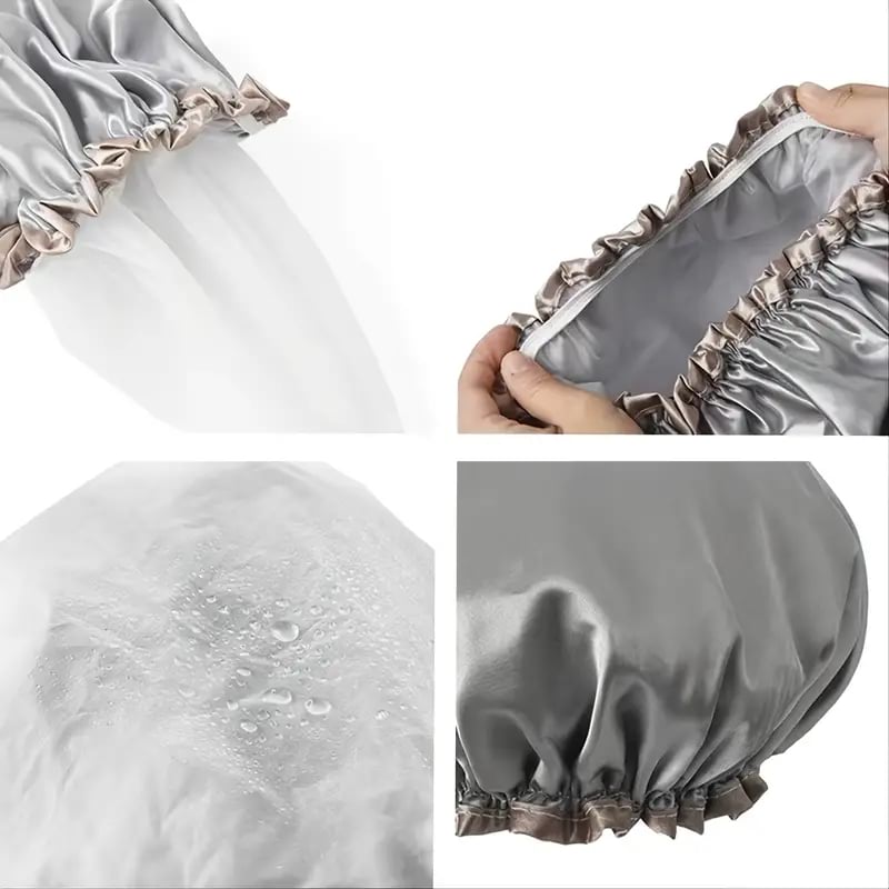 Double Layer Waterproof Large Shower Cap, Gray 4 Double Layer Waterproof Large Shower Cap, Gray - Image 4