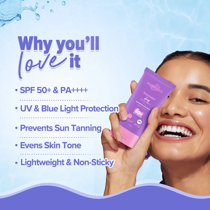 Aqualogica Illuminate+ Dewy Sunscreen SPF 50+ PA++++ TRAVEL SIZE, 30 g 2 Aqualogica Illuminate+ Dewy Sunscreen SPF 50+ PA++++ TRAVEL SIZE, 30 g - Image 2