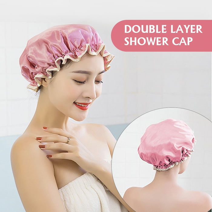 Double Layer Waterproof Shower Cap, Baby Pink 2 Double Layer Waterproof Shower Cap, Baby Pink - Image 2