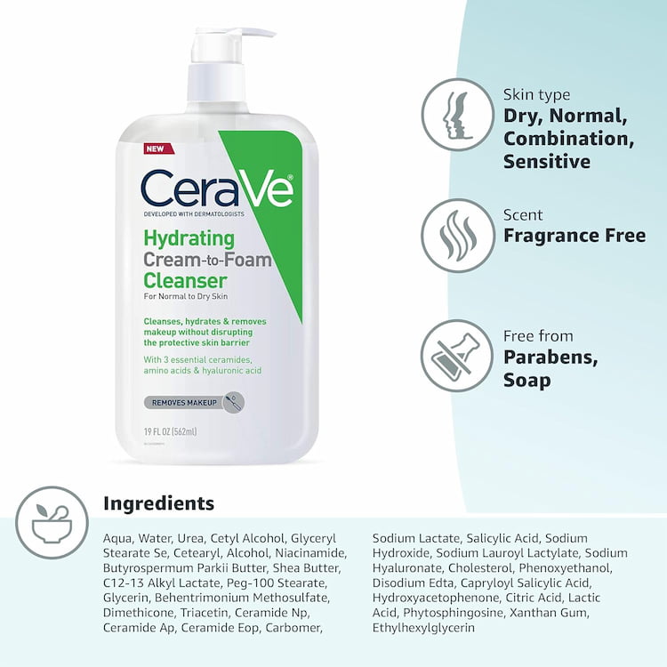 Cerave Hydrating Cream to Foam Cleanser For Normal To Dry Skin, 237 ml 2 Cerave Hydrating Cream to Foam Cleanser For Normal To Dry Skin, 237 ml - Image 2